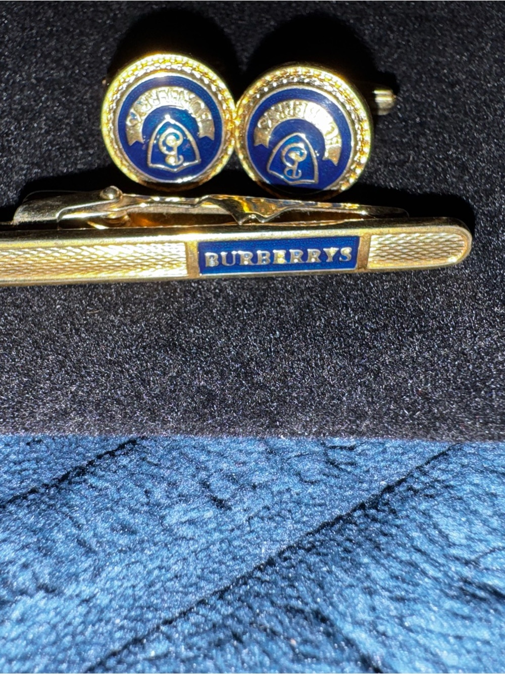 Burberry Gold and Navy Enamel Cufflinks with Matching Tie Bar